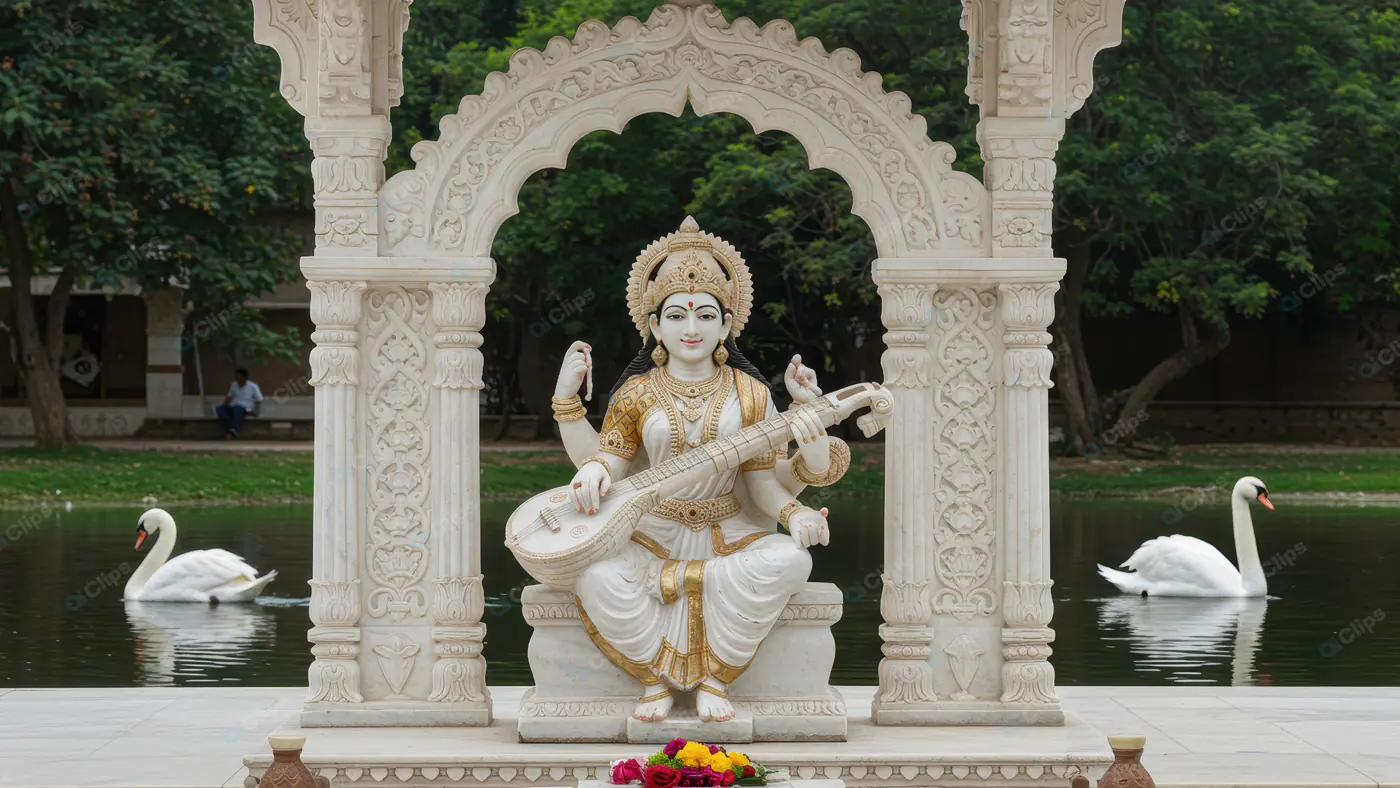 Goddess Saraswati Marble Idol with Veena at Temple Pavilion