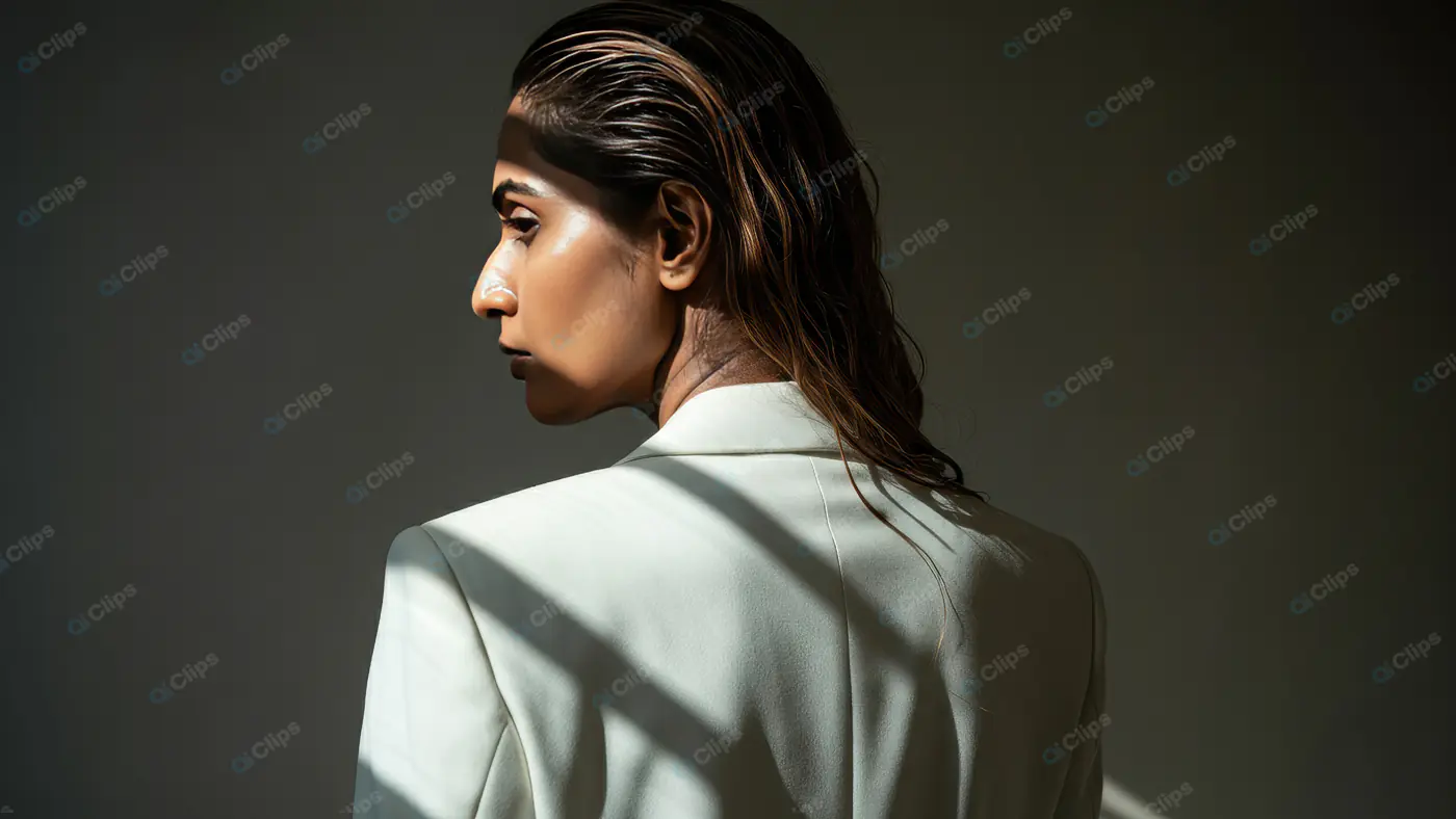 Stylish Woman in White Blazer with Wet Hair and Dramatic Shadows