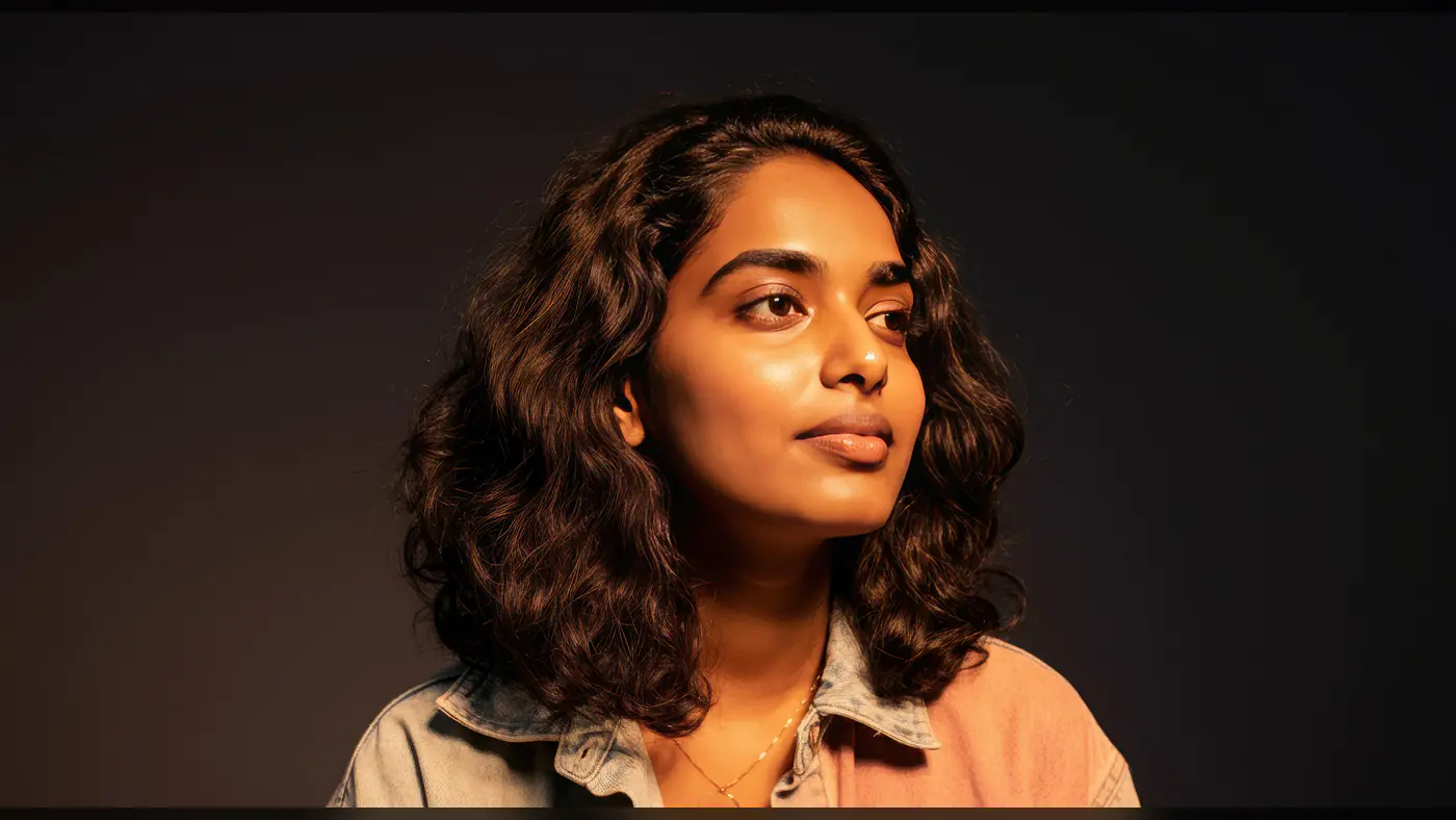 Indian Woman with Curly Hair in Artistic Portrait Lighting