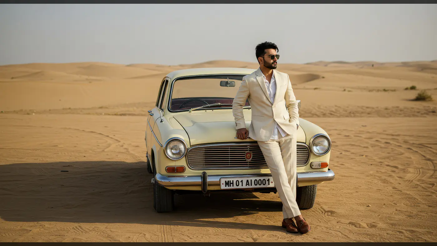 Stylish Indian Man in Beige Suit with Vintage Car in Desert – Classic Fashion Editorial