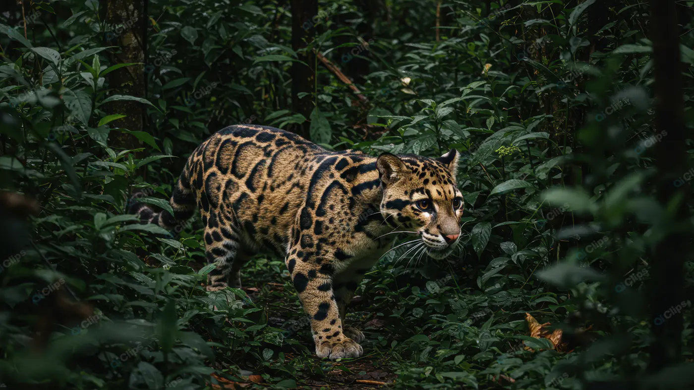 Clouded Leopard Stalking Through Dense Jungle Foliage in Natural Habitat