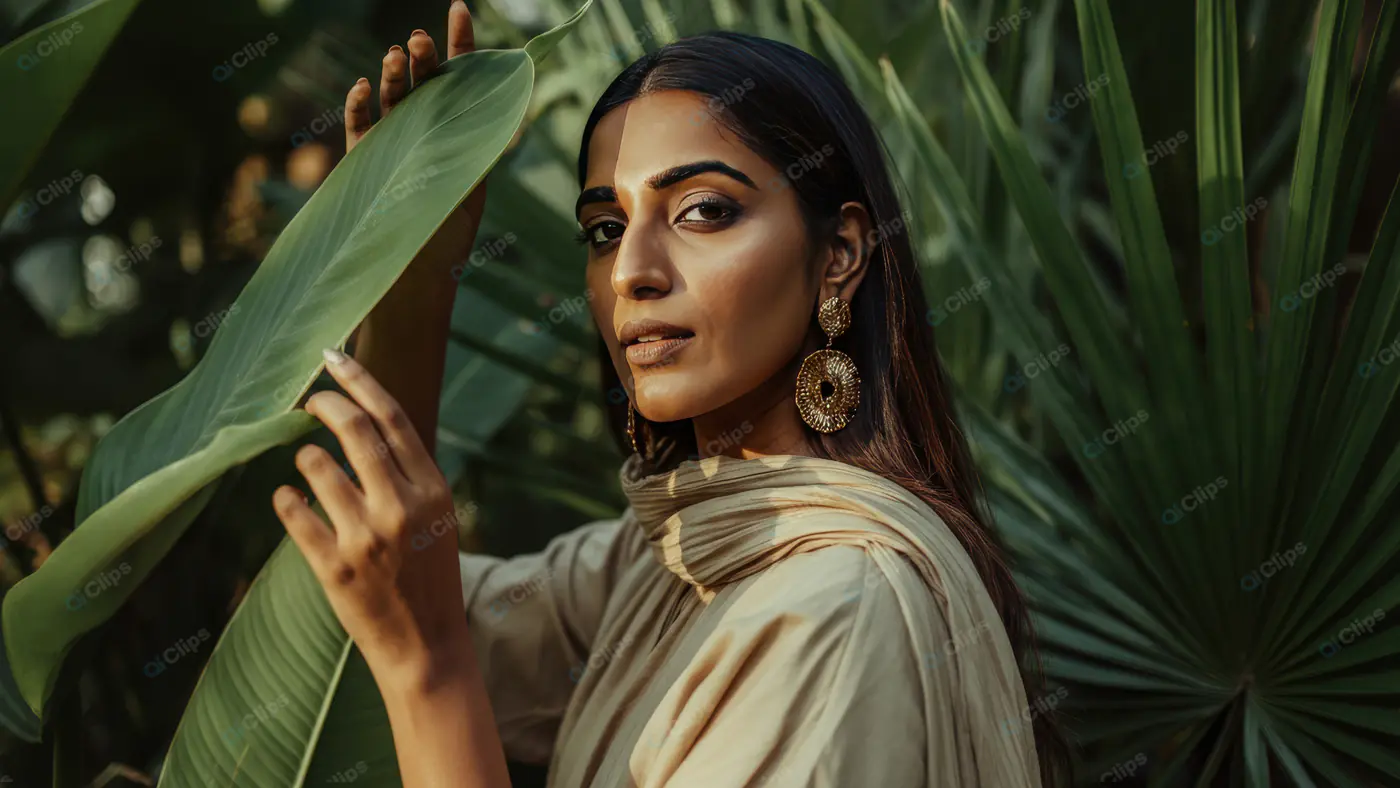 Elegant Woman with Statement Earrings in a Tropical Setting