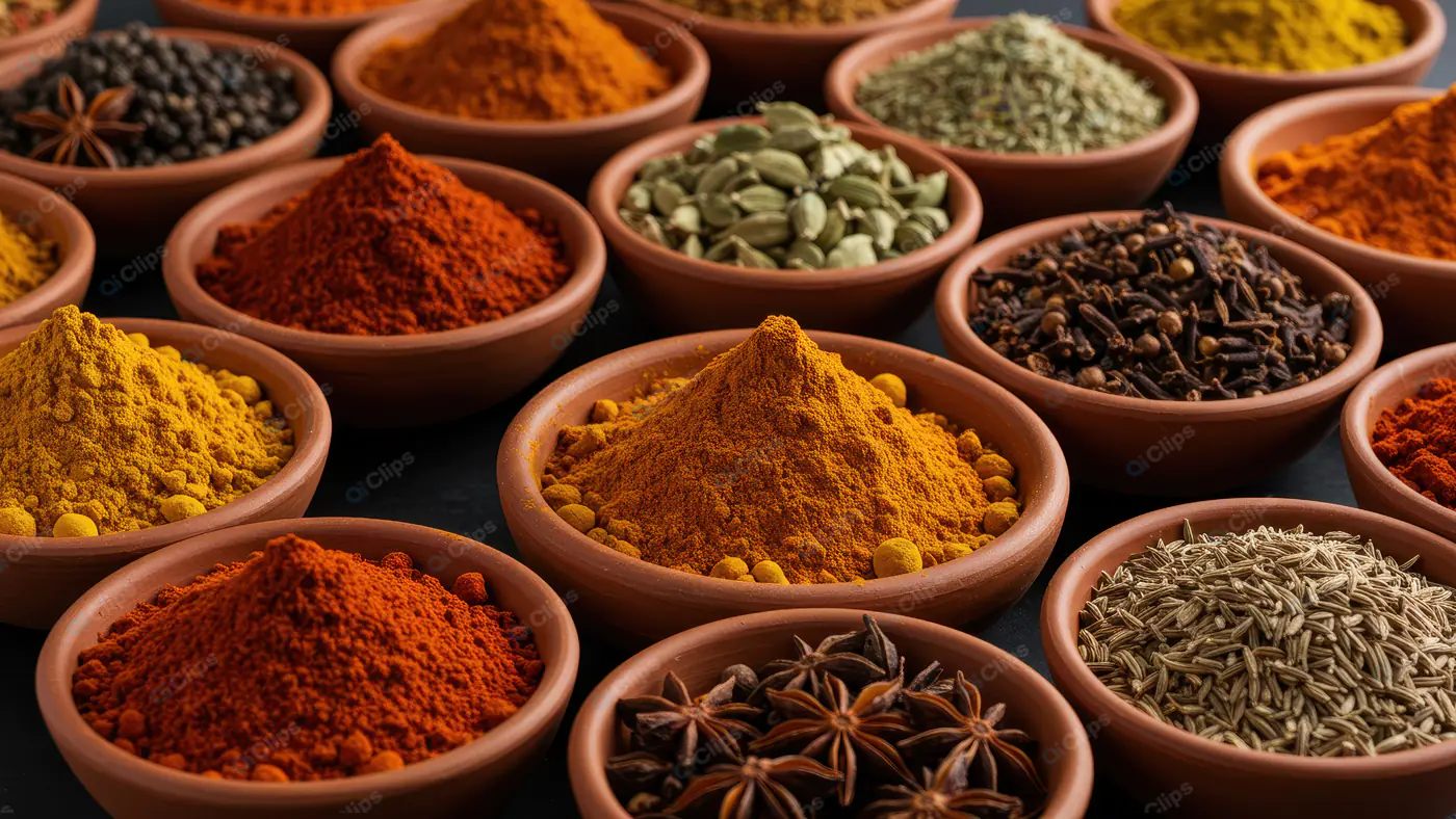 Colorful Assortment of Indian Spices in Clay Bowls