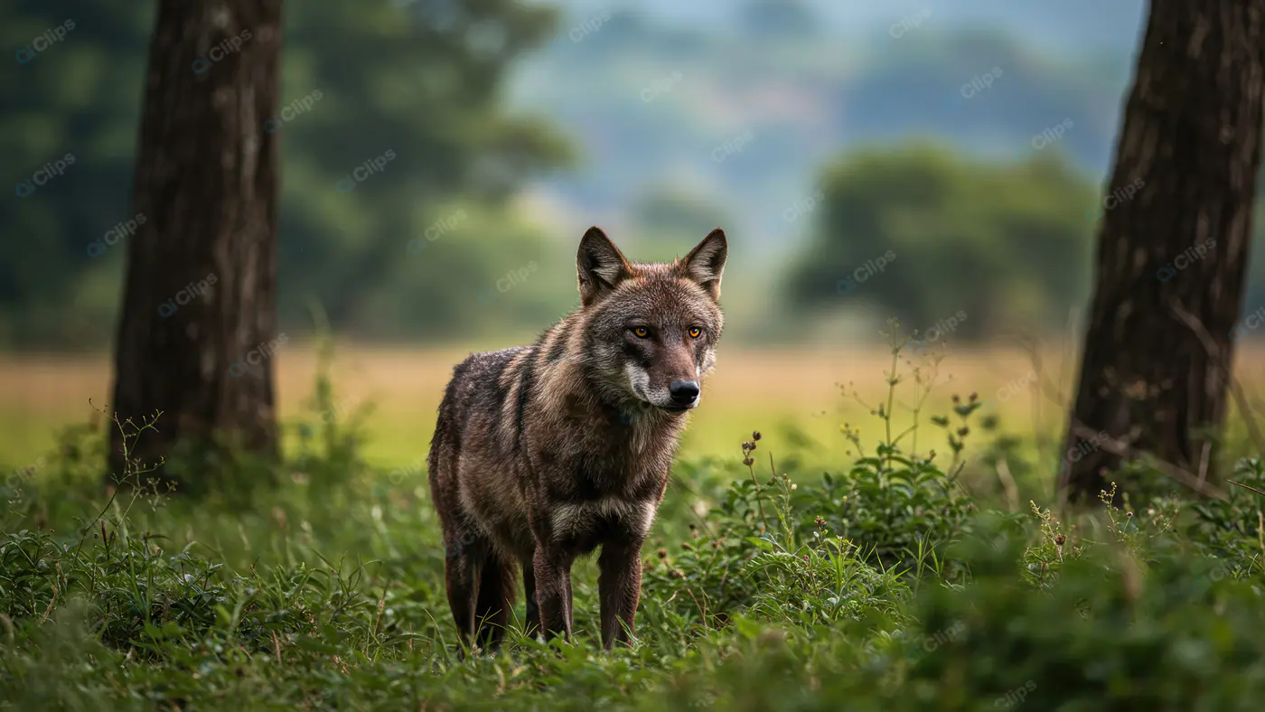 Wild Indian Wolf Standing Alert in Forest Grassland
