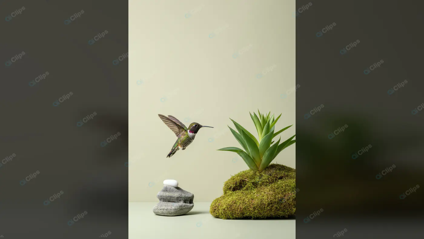 Minimal Zen Nature Scene with Hummingbird and Succulent Plant