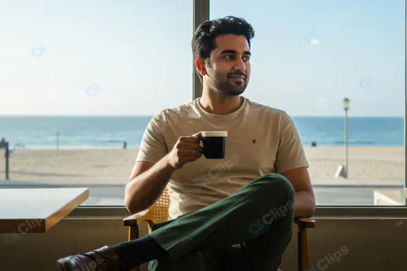 Indian Man Enjoying Coffee at Beachside Café – Relaxed Lifestyle Scene