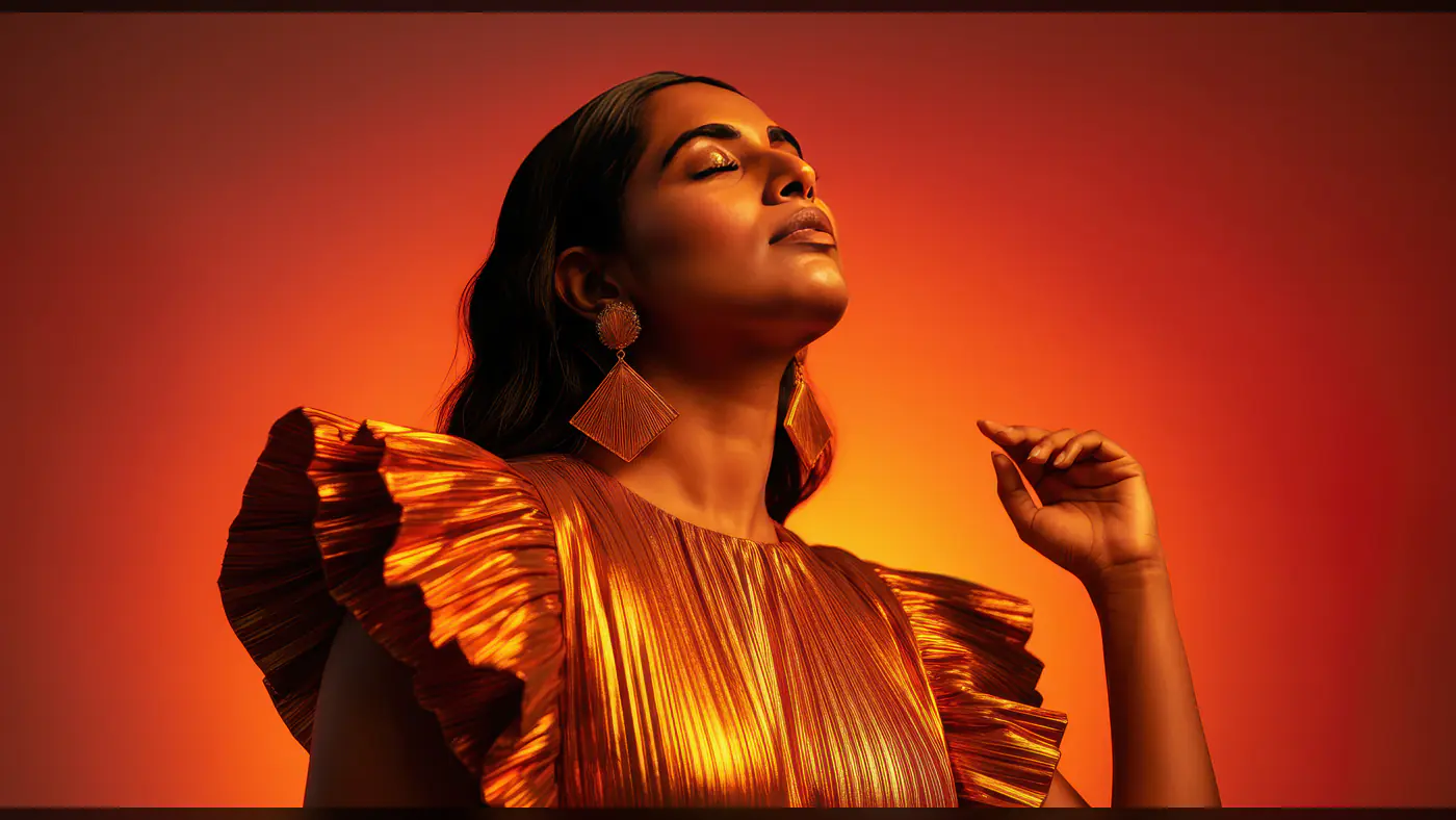 Radiant Woman in Metallic Orange Dress with Bold Earrings