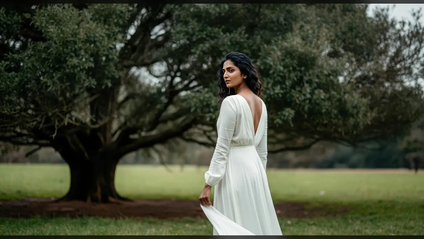 Graceful Woman in Backless White Dress in Nature