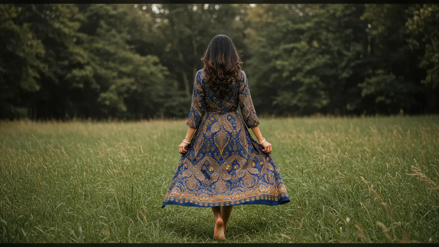 Indian Woman in Traditional Blue Dress Walking Barefoot in Nature – Serene Outdoor Scene
