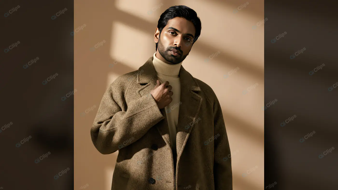 Stylish Indian Man in Winter Coat and Turtleneck in Soft Light