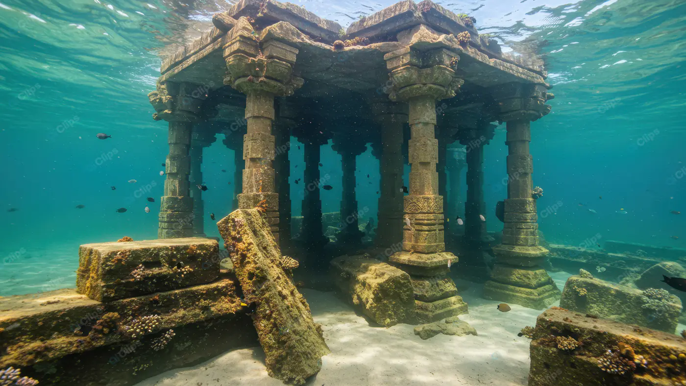 Ancient Underwater Temple Ruins with Coral and Marine Life