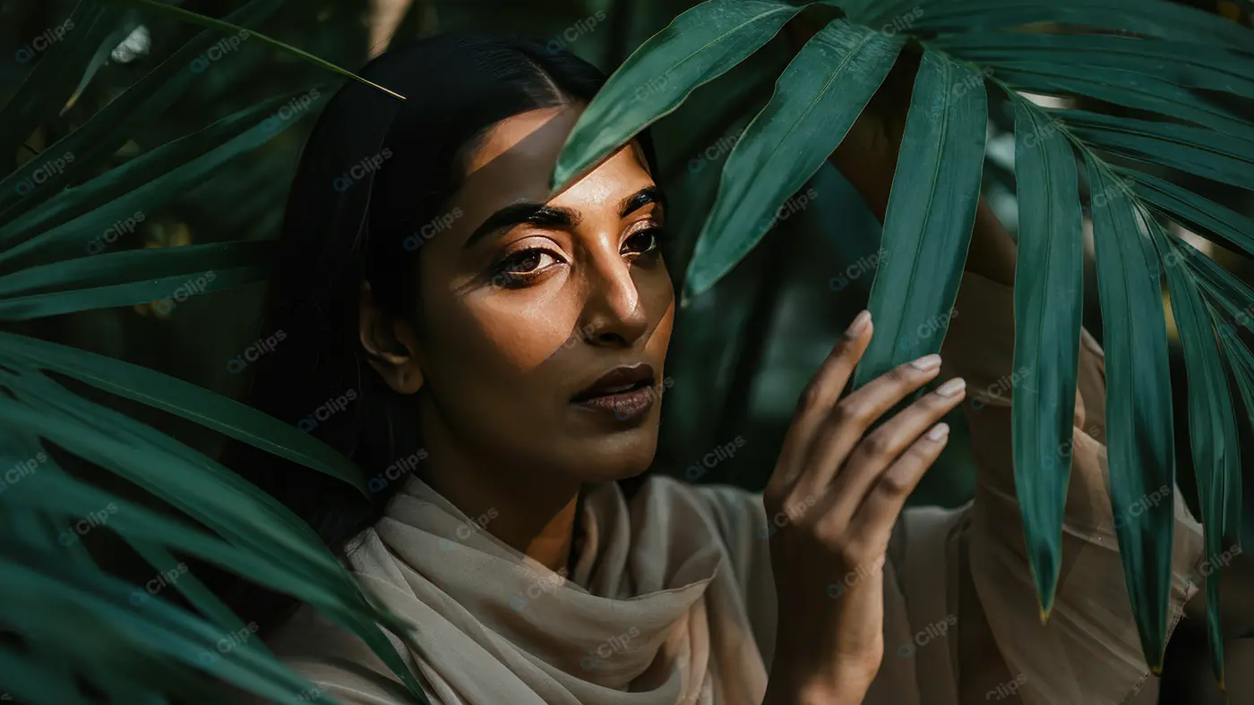 Elegant Woman in Nature with Dramatic Light and Palm Leaves