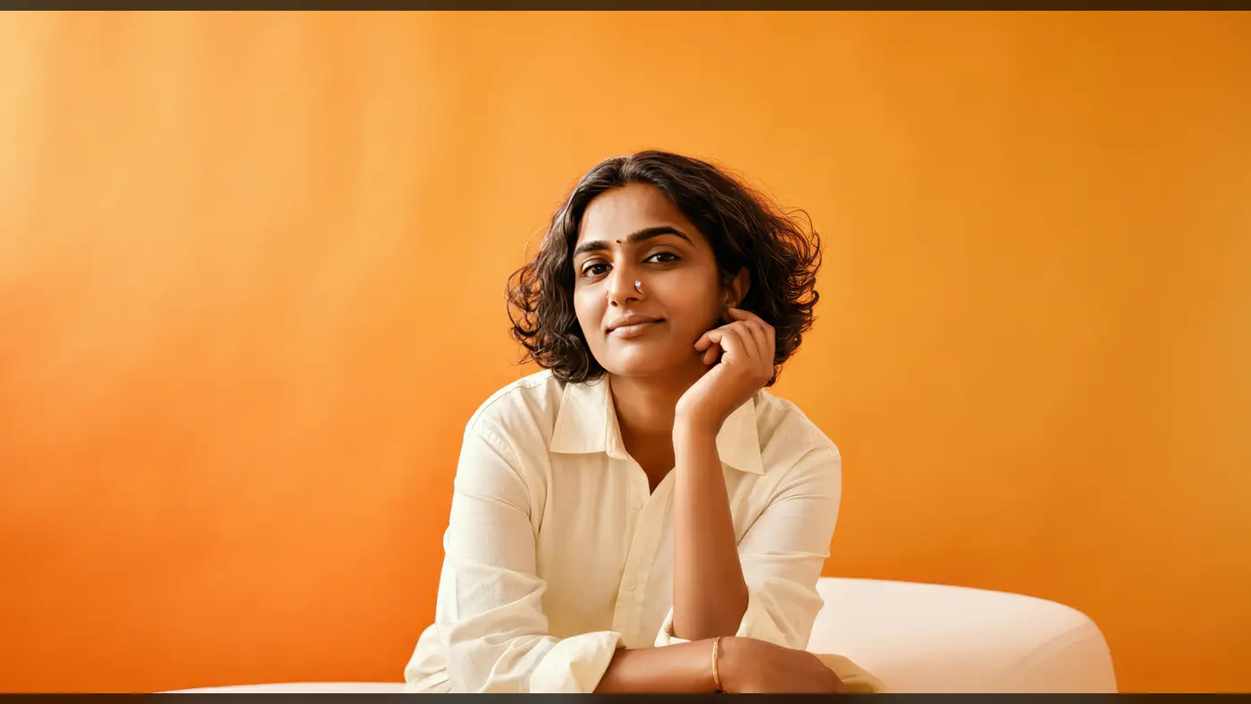 Confident Indian Woman in White Shirt with Bright Orange Backdrop