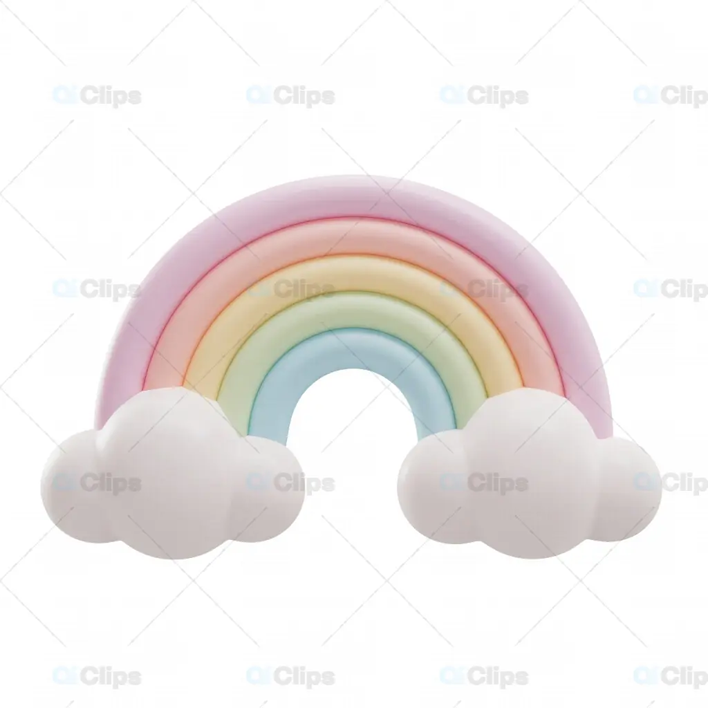 3D Pastel Rainbow with Fluffy Clouds and Transparent Background
