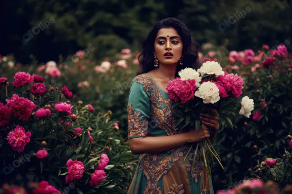 Elegant Indian Woman in Traditional Attire Holding Floral Bouquet