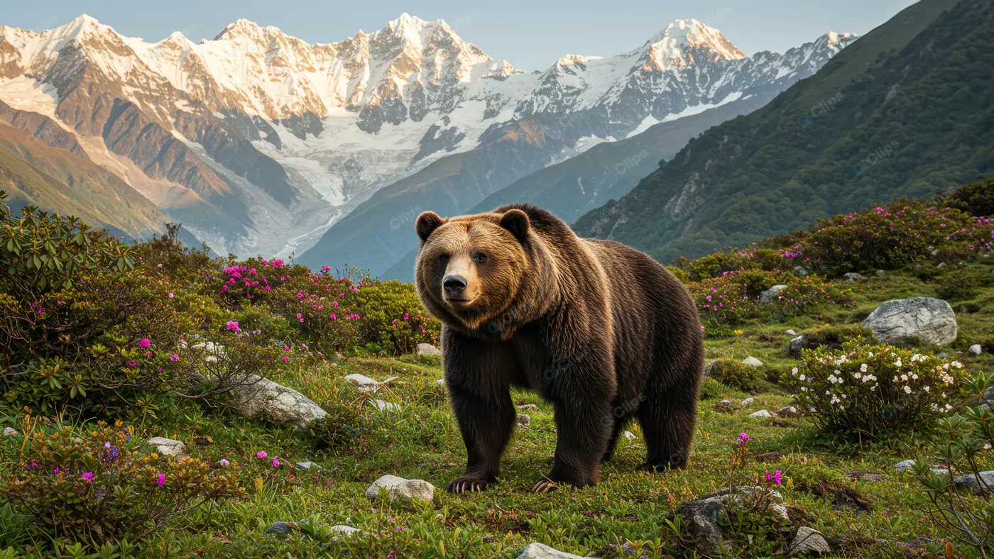 Brown Bear in Alpine Meadow with Snow-Capped Mountains
