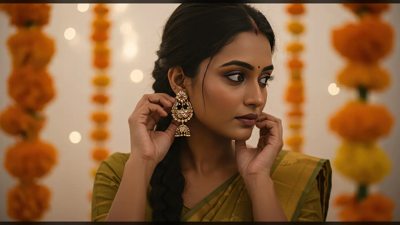 Elegant Indian Woman Wearing Festive Earrings – Traditional Look with Marigold Decor Backdrop