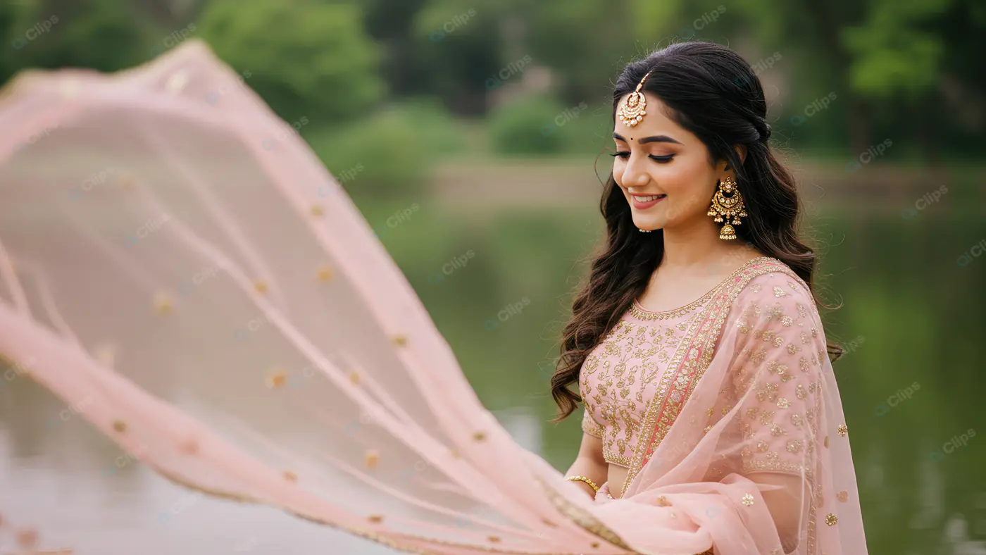 Elegant Indian Woman in Pastel Lehenga with Flowing Dupatta Outdoors