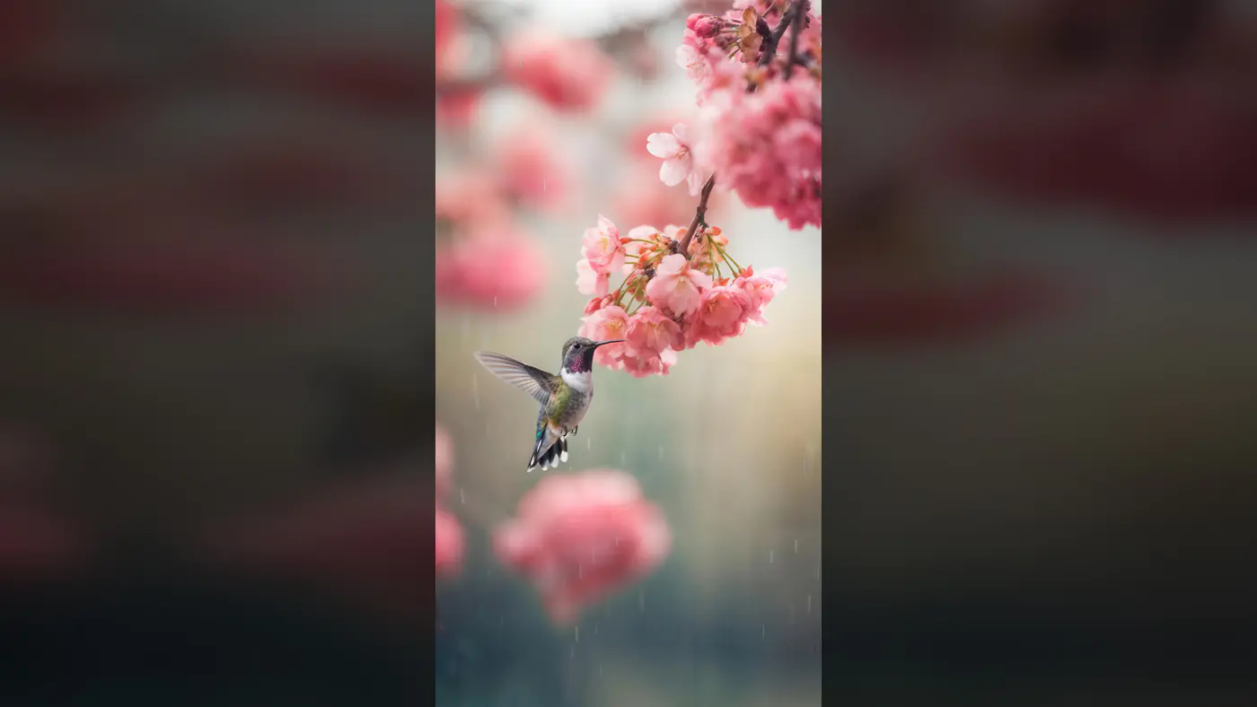 Hummingbird Feeding on Cherry Blossoms in Spring Rain