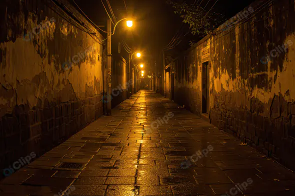 Narrow Old Alleyway Lit by Yellow Streetlights at Night