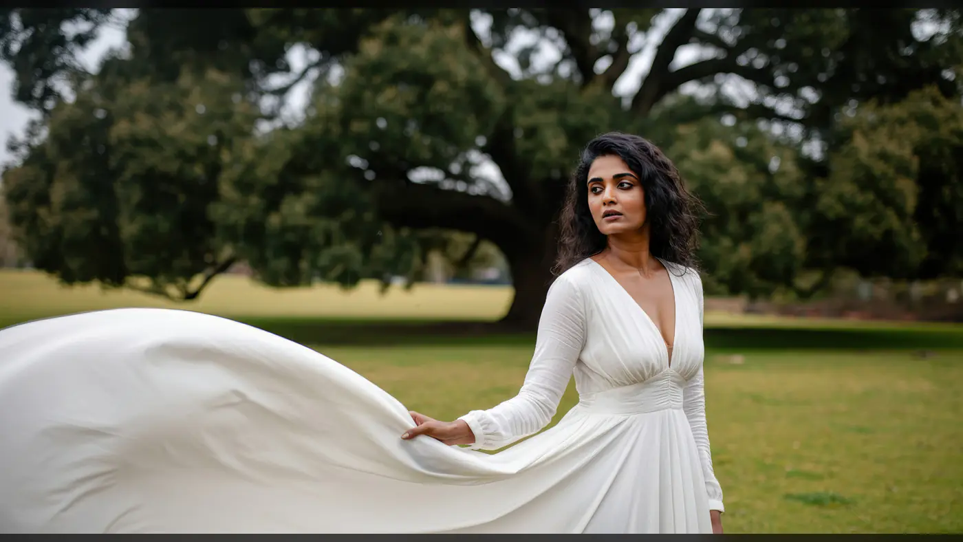 Elegant Woman in Flowing White Dress in a Scenic Garden