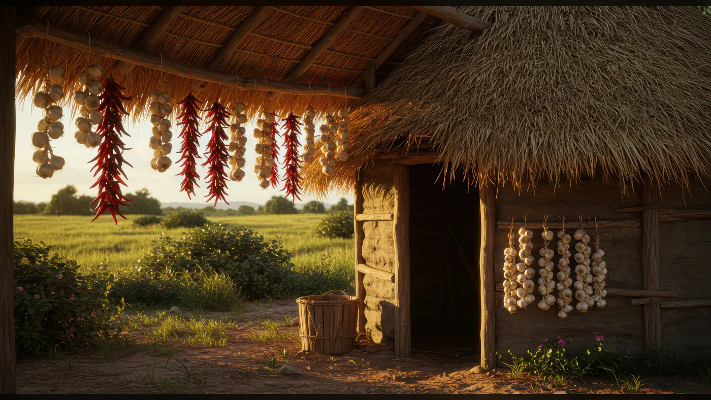 Traditional Indian Village Hut with Hanging Garlic and Chillies