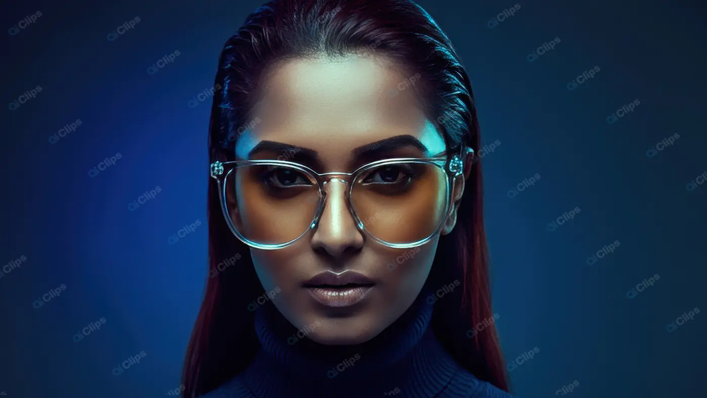 Confident Woman in Trendy Glasses with Dark Background