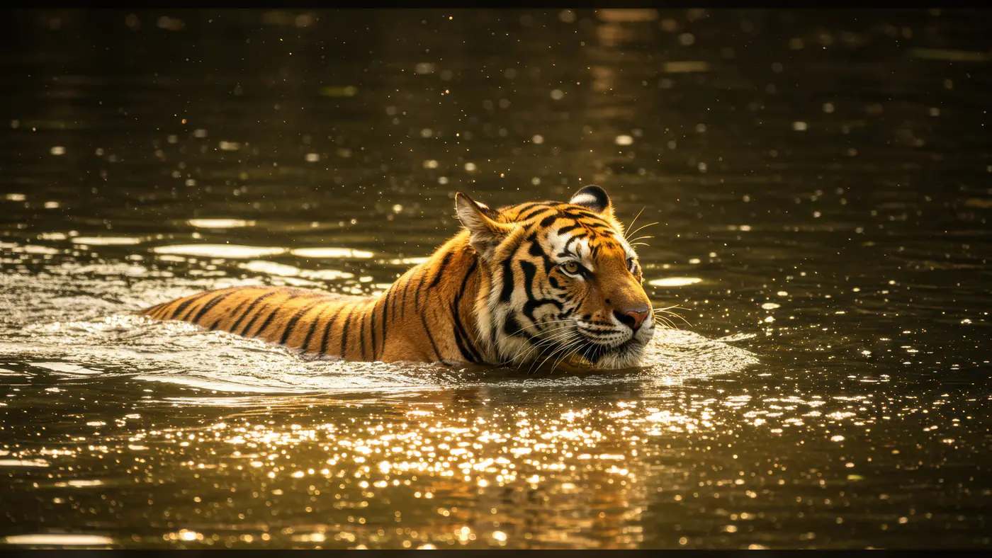 Majestic Tiger Swimming Gracefully in Sunlit River – Wildlife Photography Asset