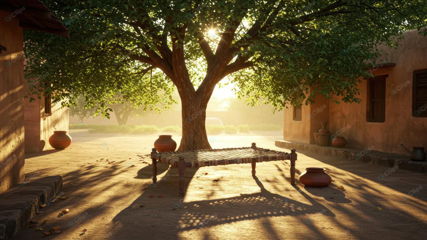 Traditional Indian Village Courtyard with Charpai and Clay Pots at Sunrise