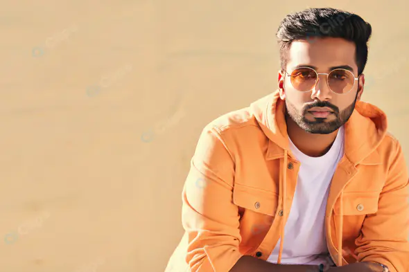 Stylish Indian Man in Orange Jacket and Sunglasses Posing Outdoors