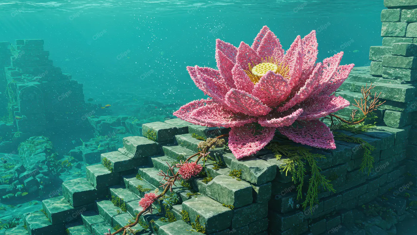 Giant Pink Lotus Blooming on Submerged Ancient Temple Ruins