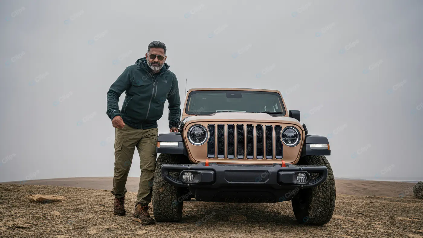 Adventurous Indian Man with SUV on Rugged Terrain