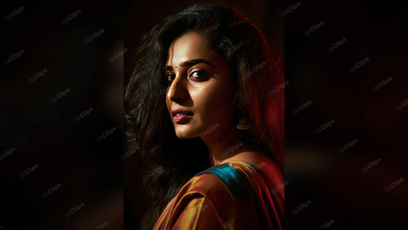 Elegant Indian Woman in Traditional Saree with Dramatic Lighting