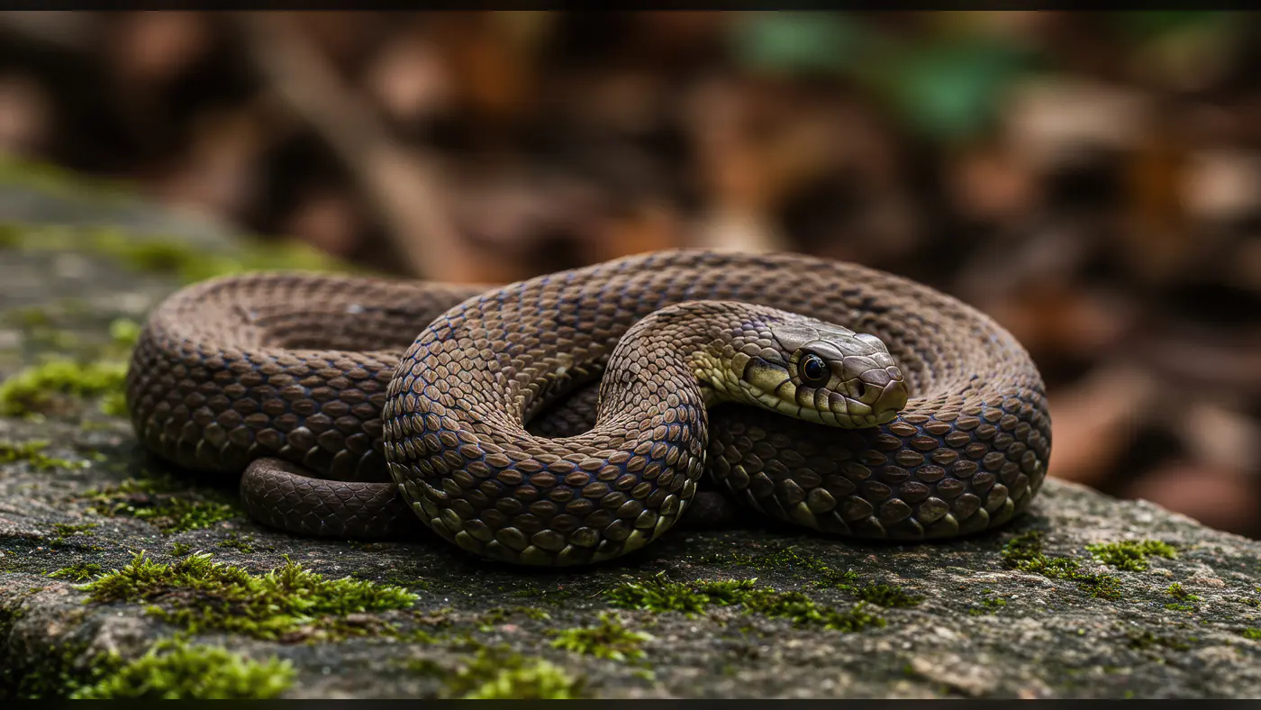 Coiled Brown Snake Resting on Mossy Rock in Nature