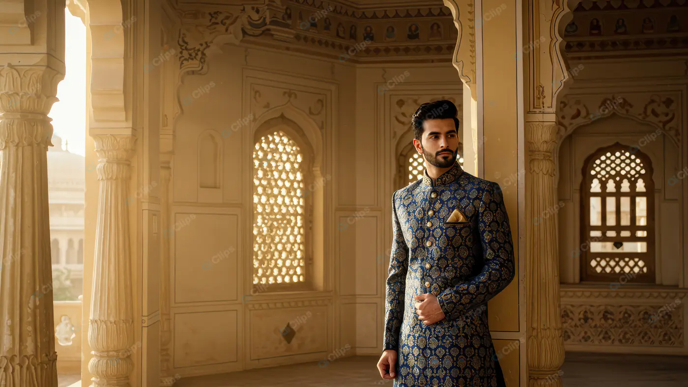 Indian Groom in Royal Blue Sherwani – Traditional Wedding Portrait in Heritage Palace