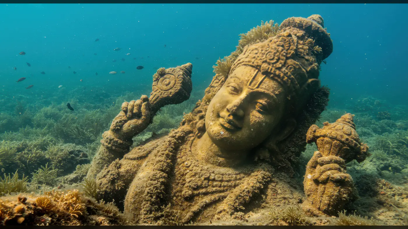 Underwater Statue of Hindu Deity with Conch Shells Surrounded by Marine Life