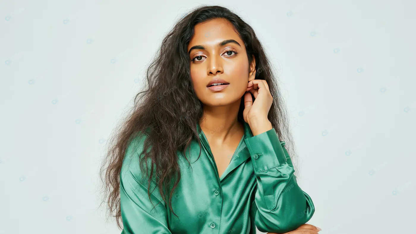 Elegant Woman in Green Satin Shirt on Minimalist Background
