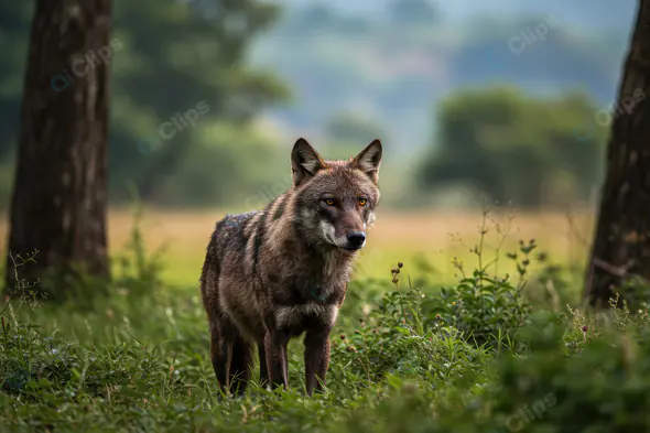Wild Indian Wolf Standing Alert in Forest Grassland