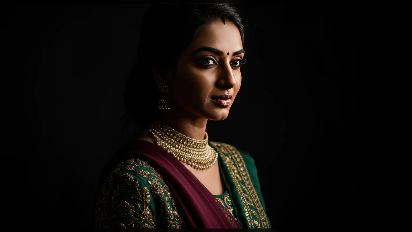 Elegant Indian Woman in Green Saree with Traditional Jewelry
