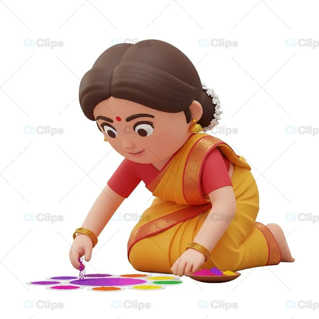 3D Indian Woman Crafting Rangoli