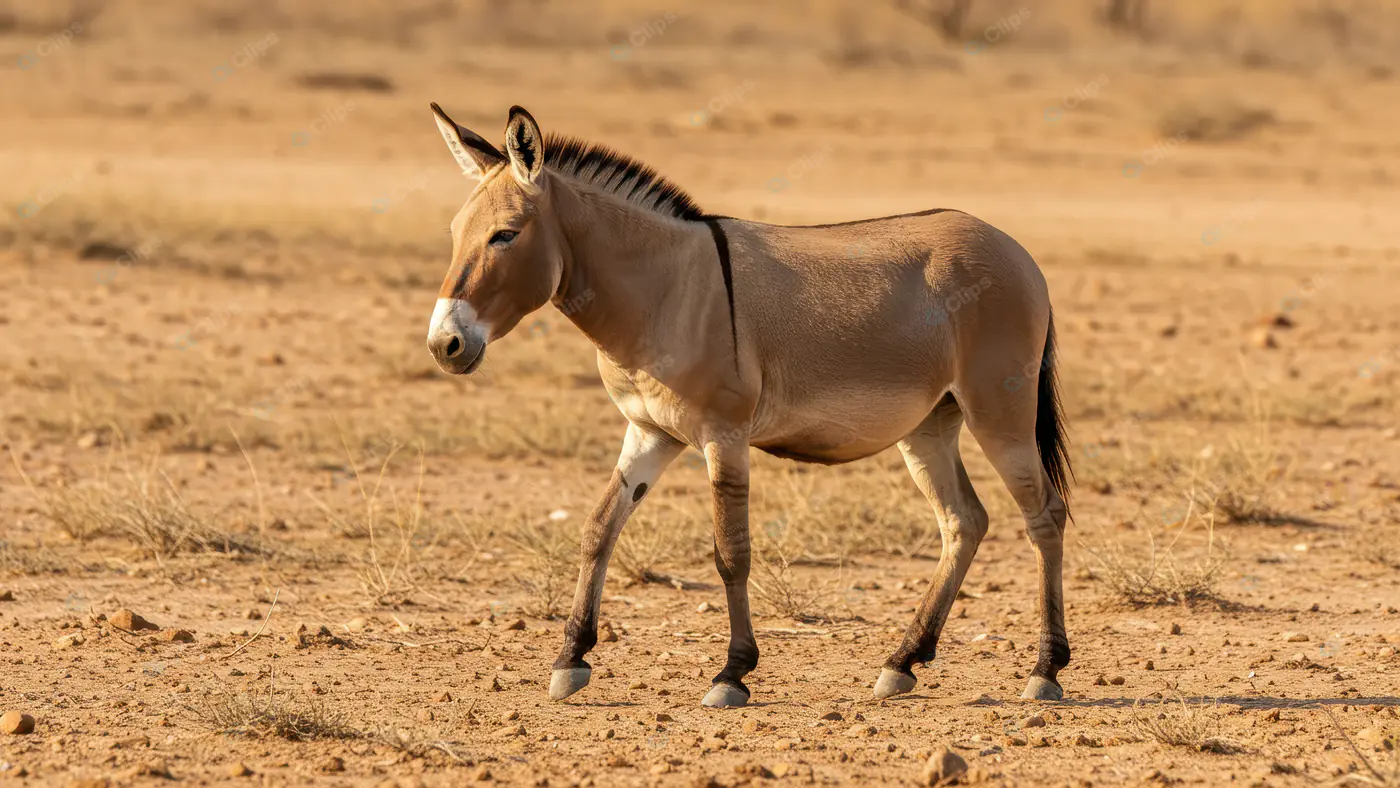 Indian Wild Ass Walking in Arid Desert Landscape Under Warm Sunlight
