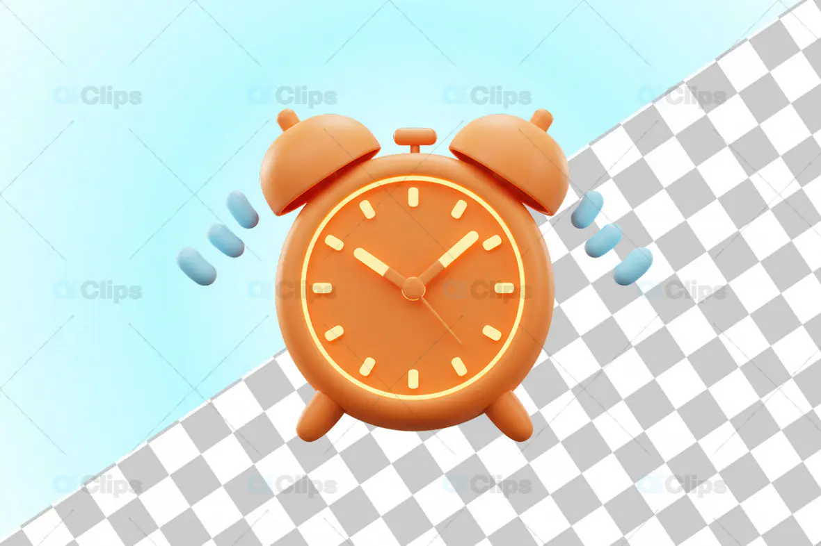 3D Orange Alarm Clock Illustration with Transparent Background