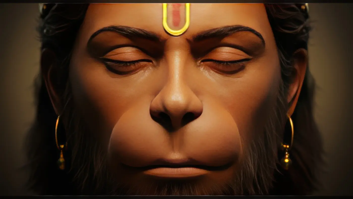 Peaceful Close-Up of Lord Hanuman’s Face with Gold Tilak and Earrings