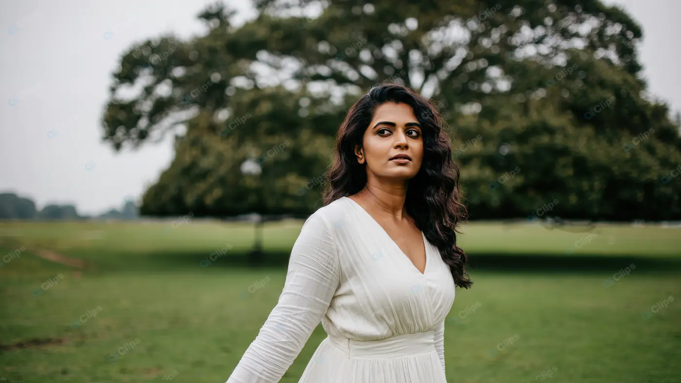 Elegant Woman in White Dress Walking in Nature