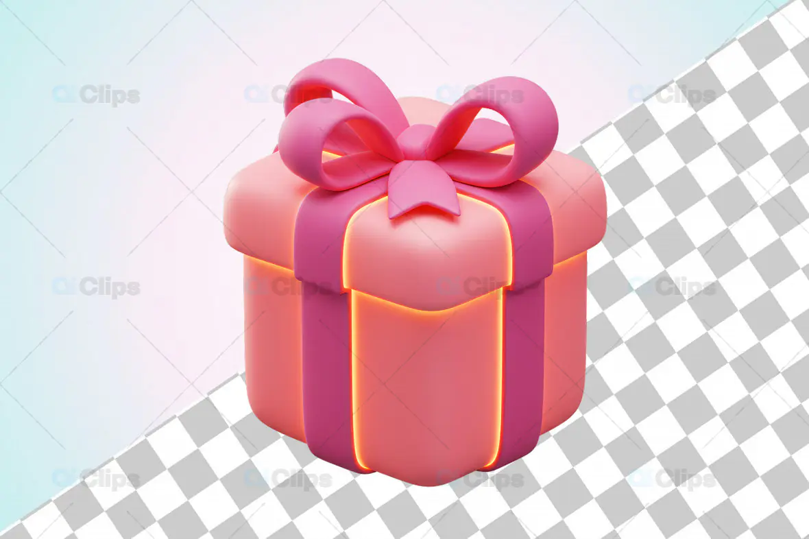 3D Glowing Peach Gift Box with Pink Ribbon and Transparent Background