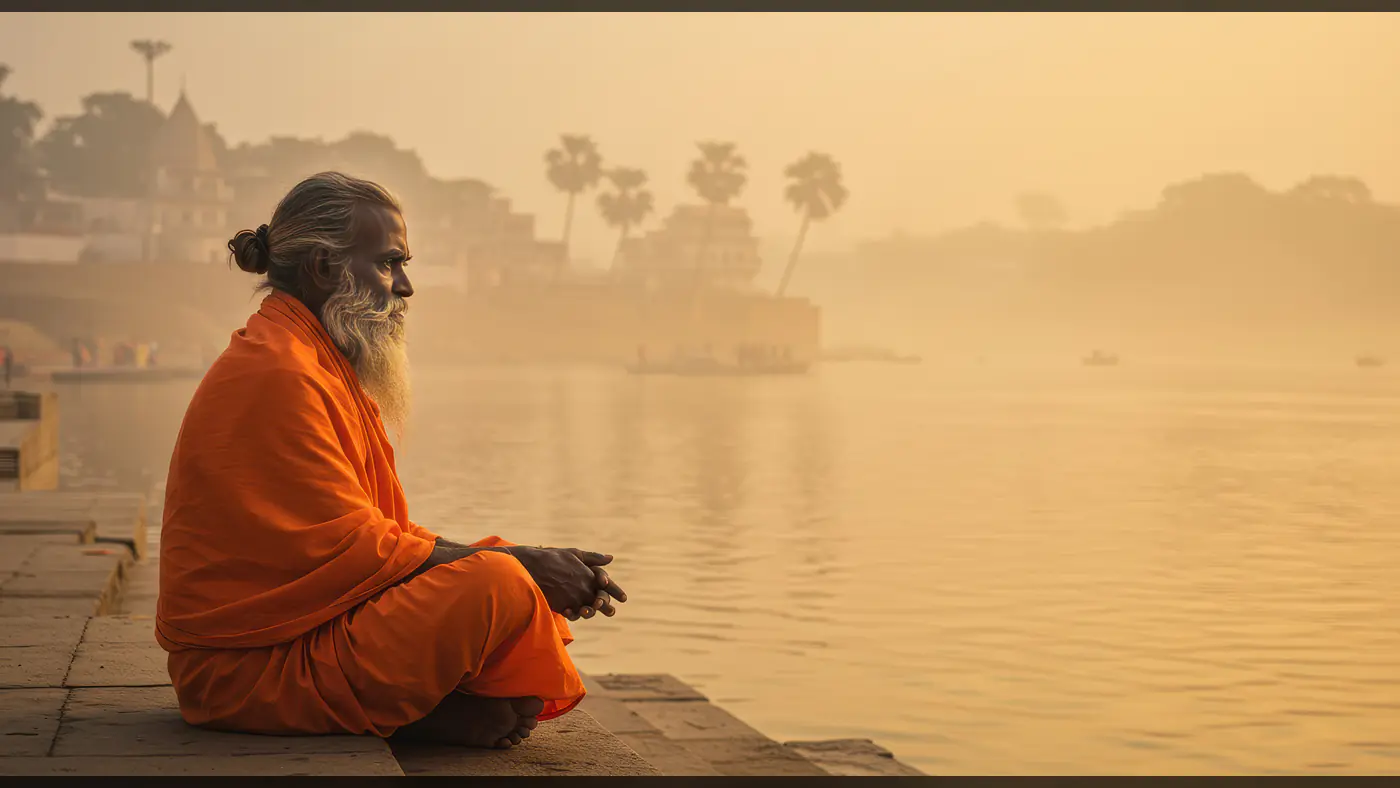 Indian Sadhu Meditating by Riverside at Sunrise