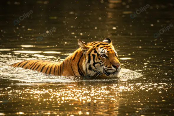 Majestic Tiger Swimming Gracefully in Sunlit River – Wildlife Photography Asset
