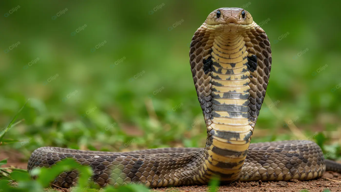 Close-Up of Indian Cobra with Hood Spread in Defensive Pose on Green Grass