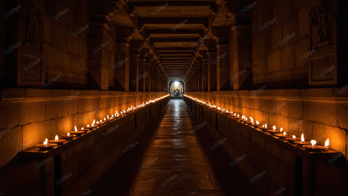 Ancient Temple Corridor with Lit Oil Lamps at Night