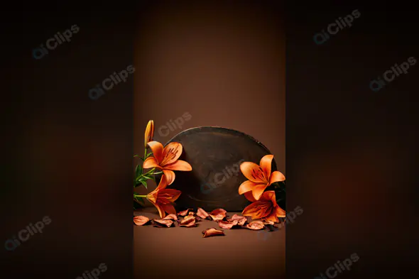 Dark Wood Floral Mockup with Orange Lilies and Petals